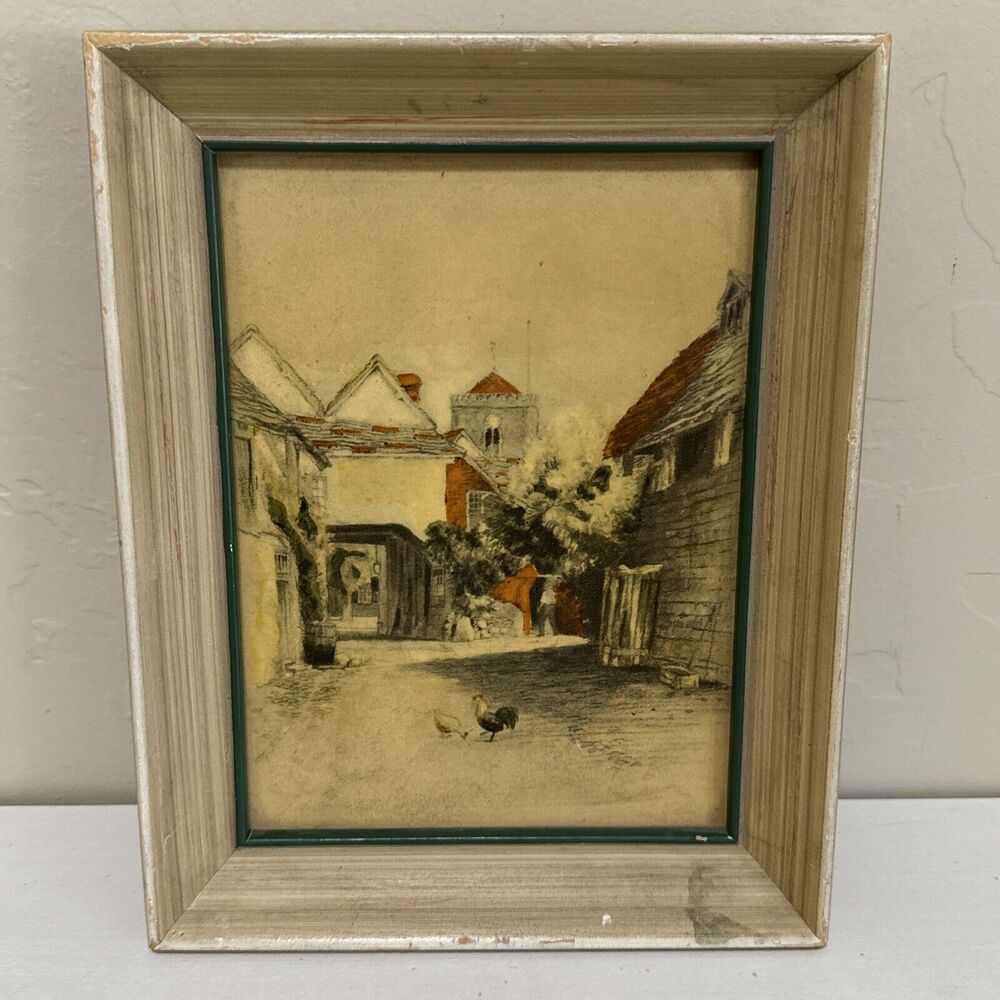 watercolor art village with orange roof and chickens hand painted frame 9.5 x 7.